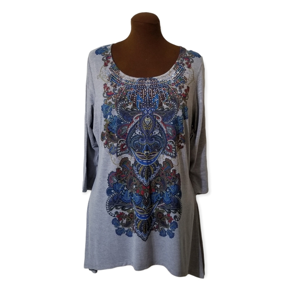 One World Printed Embellished Long Sleeve Top Woman Size 1X